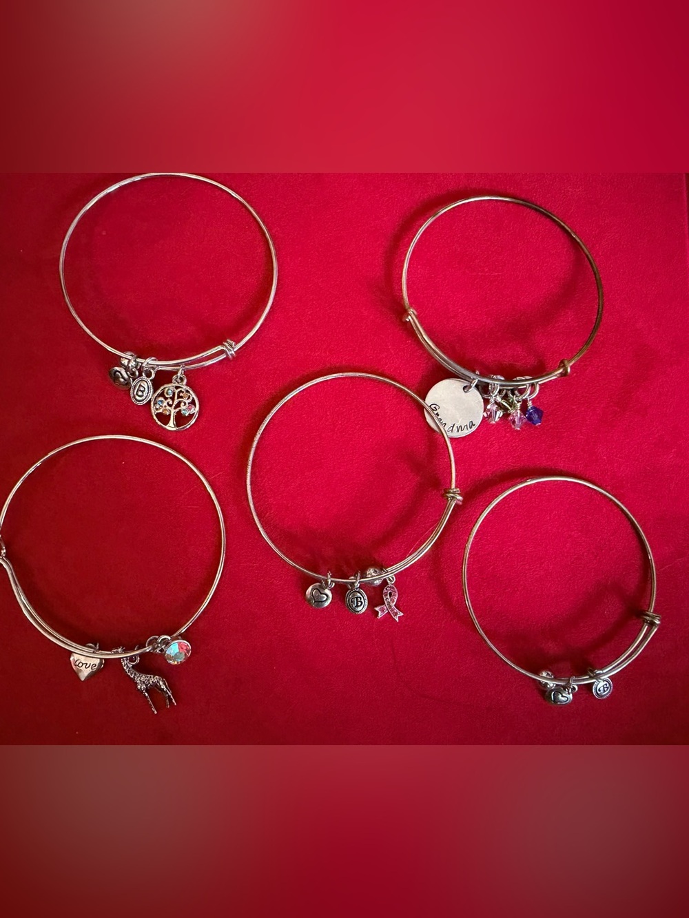 5 Silver-Tone Charm Bangle Bracelet Lot Ribbon, Giraffe, Grandma and Jeweld tree